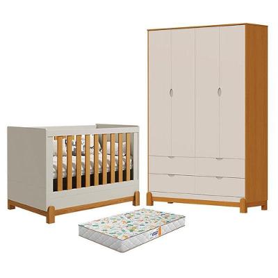 Berço Americano Lótus Liso MDF com Colchão e Guarda Roupa 4 Portas Areia Savana Reller Móveis
