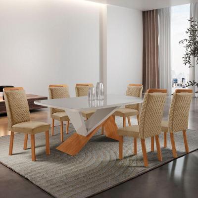 Mesa de Jantar Yasmin 6 Lugares Tampo em Vidro Cadeiras Estofadas Off White 180CM Moderna