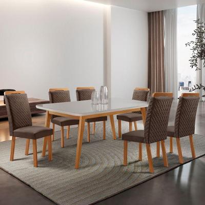 Conjunto de Jantar Copper 6 Lugares Tampo MDF com Vidro Serigrafado e Cadeiras Aline Veludo Marrom