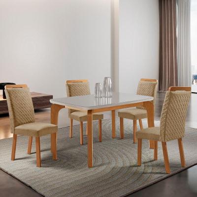 Conjunto de Jantar Liz 4 Lugares Tampo em Vidro com Cadeiras Aline Estofadas Off White 120CM Moderna