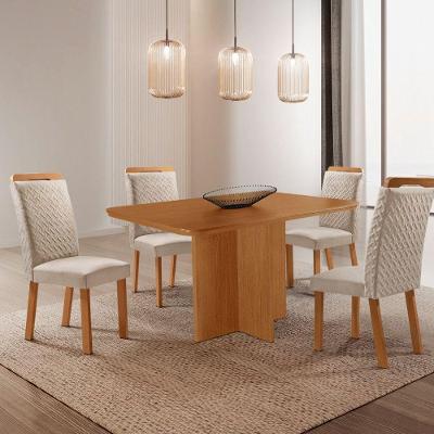 Conjunto de Jantar Olimpia 4 Lugares Tampo MDF com Cadeiras em Veludo Creme 120CM Moderna
