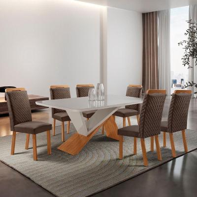 Conjunto de Jantar Yasmin 6 Lugares Tampo MDF com Vidro Serigrafado e Cadeiras Aline em Veludo