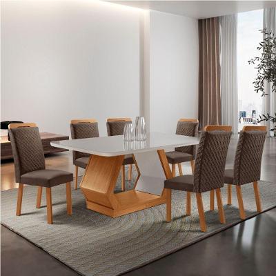 Conjunto de Jantar Alvorada 6 Lugares Tampo em Vidro Cadeiras Veludo Marrom 180CM Moderna