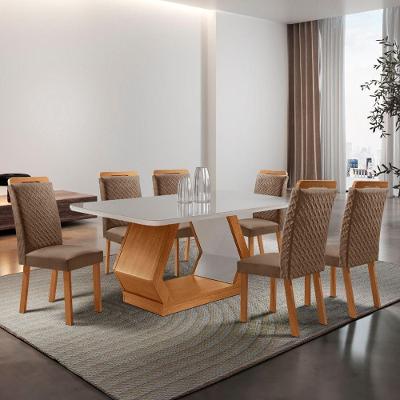 Conjunto de Jantar Alvorada 6 Lugares Tampo em Vidro com Cadeiras Estofadas Off White 180CM Moderna