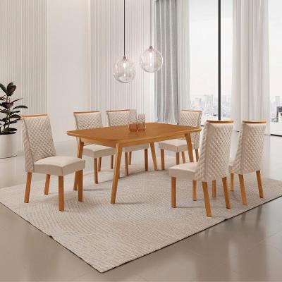 Conjunto de Jantar Copper 6 Lugares Tampo MDF com Cadeiras em Veludo Creme 180CM Moderna