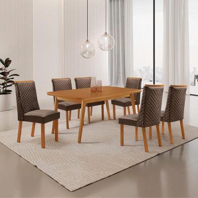 Conjunto de Jantar Copper 6 Lugares Tampo MDF com Cadeiras em Veludo Marrom 180CM Moderna