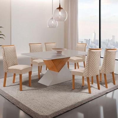 Conjunto de Jantar Aster 6 Lugares Tampo MDF com Cadeiras Yasmin Veludo Creme 180CM Moderna