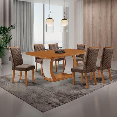 Conjunto de Jantar Milena 6 Lugares Tampo MDF Canto Copo Cadeiras Lira Veludo Marrom 180CM Moderna