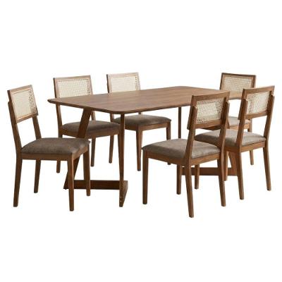 Conjunto de Jantar Cajú e Palmas 6 Lugares Tampo MDF Cadeiras Estofadas Linho Bege 180CM Milani