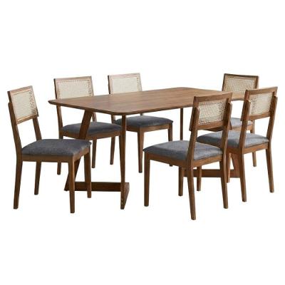 Mesa de Jantar Cajú com 6 Cadeiras Estofadas em MDF e Tecido Linho Grafite 180CM Milani Movelaria