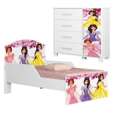 Conjunto Cama e Cômoda Lívia com Grade MDF Branco Milani Movelaria