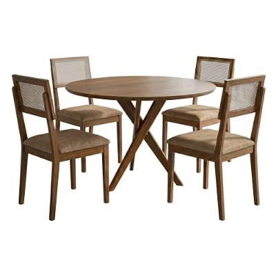 Mesa de Jantar Cacau com 4 Cadeiras Encanto Tampo MDF Design Cruzado Bege 109CM Milani Movelaria