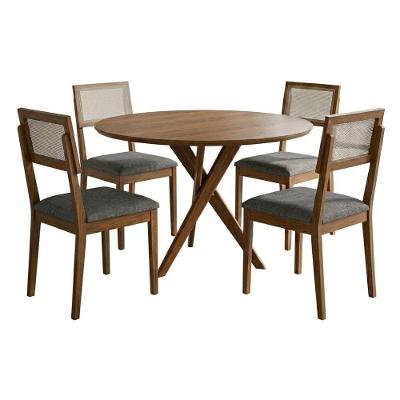 Mesa de Jantar Cacau com 4 Cadeiras Encanto em MDF e Tecido Linho Grafite 109CM Milani Movelaria