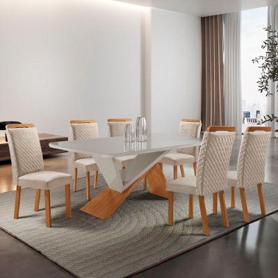 Conjunto de Jantar Yasmin 6 Lugares Tampo MDF com Vidro Serigrafado Off White 180CM Moderna