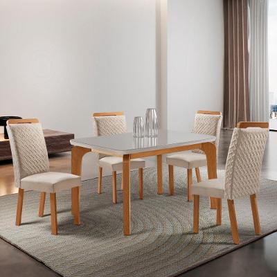 Conjunto de Jantar Liz 4 Lugares Tampo MDF com Vidro Serigrafado Canto Copo Creme 120CM Moderna