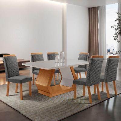 Conjunto de Jantar Alvorada 6 Lugares Tampo em Vidro com Cadeiras Estofadas Grafite 180CM Moderna