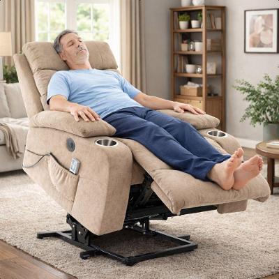 Poltrona Aurora com Massagem Reclinável e Elevação Elétrica Linho Soft Bege D'Rossi