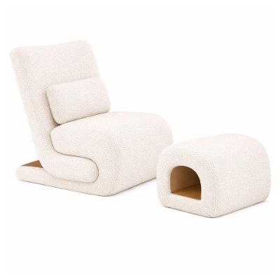 Poltrona com Puff Fluxo Decorativa Bouclé com Pés Palito Confortável Off White Sallar Home