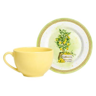 Xícara de Chá com Pires Doce Limone Cerâmica Estampa Exclusiva para Chá da Tarde Amarelo Alleanza