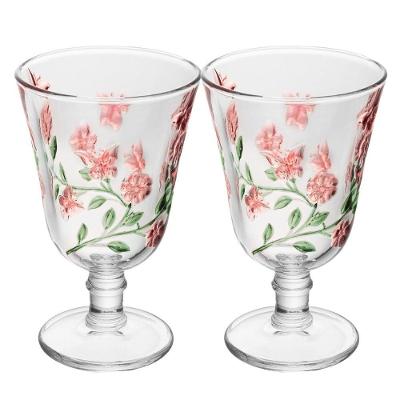 Taça para Água Flores Lys Pintura Manual em Vidro Kit com 2 Unidades Transparente Lyor