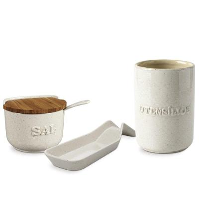 Kit Bancada Plus Flocos Saleiro Porta Utensílios e Descanso Colher Cerâmica Off White Cozinha