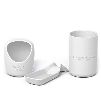 Kit Bancada Open Saleiro Porta Utensílios Descanso Colher Cerâmica Cozinha Branco Ceraflame