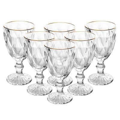 Conjunto de Taças Diamond para Água Vidro com Fio Ouro 6 Peças Design Diamante Mesa Dourado