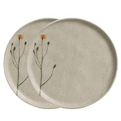 Jogo 2 Pratos Rasos Campestre Bio Stoneware Cerâmica Estampado Floral para Uso Diário Off White