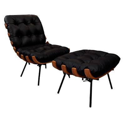 Poltrona Decorativa com Puff Laura em Couro com Apoio para os Pés Confortável Preto La Home Decor