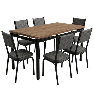 Conjunto de Mesa Atlanta 6 Lugares Tampo em MDF com Cadeiras Acolchoadas Amadeirado e Mosaico 136CM