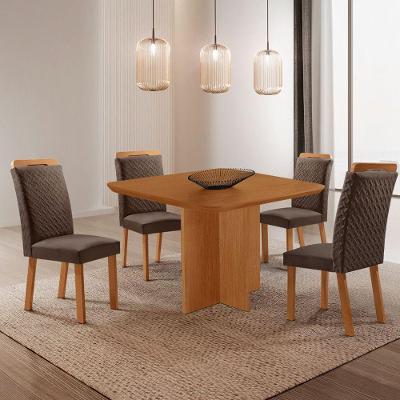 Conjunto de Jantar Olimpia 4 Lugares Tampo MDF Cadeiras Aline Veludo Marrom 90CM Moderna