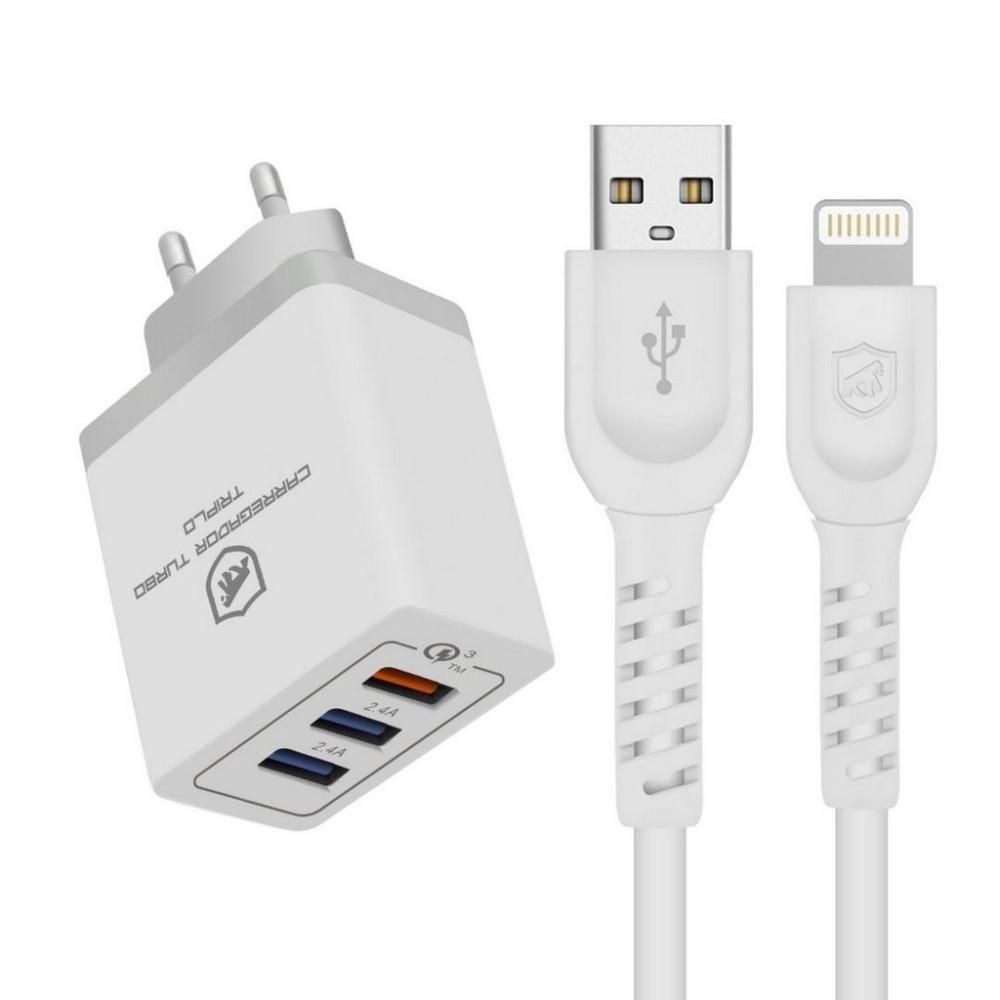 Kit Carregador Turbo Triplo + Cabo Dual Shock Lightning Branco - Gshield - 1