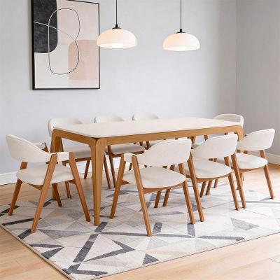 Conjunto de Jantar Claris 8 Lugares Tampo em Vidro com Cadeiras Linho Off White 180CM Lyam Decor