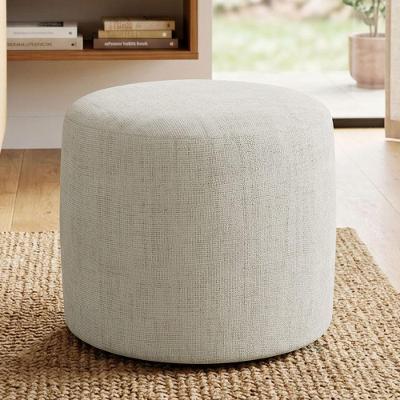 Puff Redondo Coliseu W01 50cm Madeira Eucalipto Revestimento Linho Cru Lyam Decor