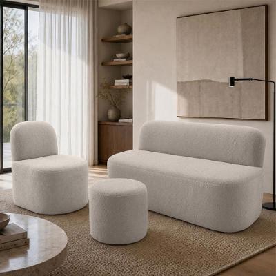 Kit Poltrona Lumiere com Puff Coliseu e Namoradeira Naeris Bouclê Confortável Bege Lyam Decor