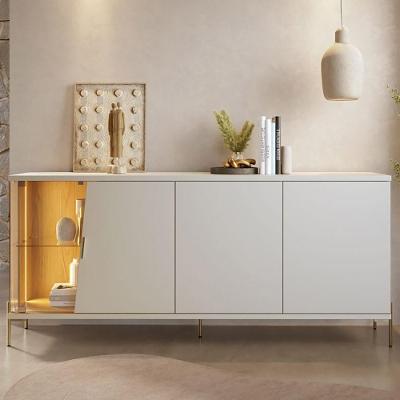 Aparador Buffet Mosele 4 Portas Tampo MDP com Vitrine LED 182CM Off White e Dourado Lyam Decor