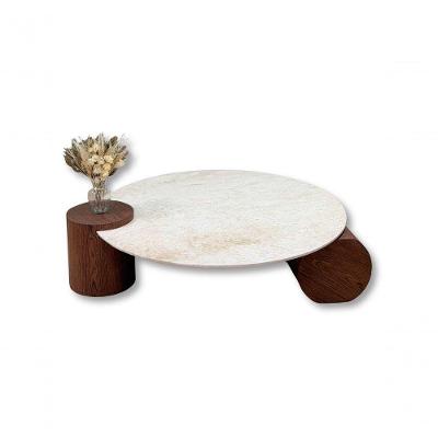 Mesa de Centro Orbita Redonda Mármore Travertino Madeira Nogueira 100CM Café