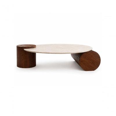 Mesa de Centro Orbita Redondo Mármore Travertino Madeira 110CM Café Modelar Art Moveis