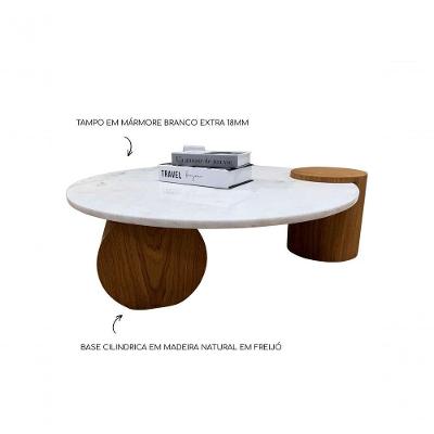Mesa de Centro Orbita Redonda Vidro Madeira 120CM Branco Modelar