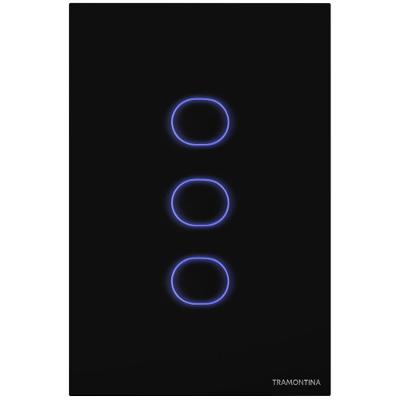 Interruptor Touch Smart com 3 Canais Controle por Voz com Leds Azuis Preto