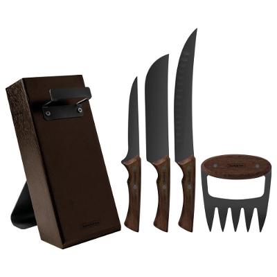 Kit para Churrasco Black com Lâminas de Aço Inox Escurecido e Cabos de Madeira 05 Peças Amadeirado