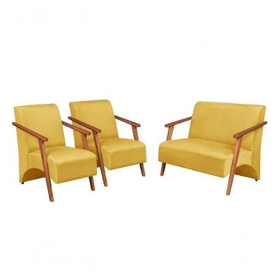 Conjunto Venus Decorativo com Braços em Madeira Suede Confortável Bege Unidecor