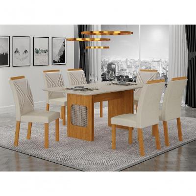 Conjunto Sala de Jantar Lara 1,80m 6 Lugares Tampo em Vidro com Ratan Off White 180CM Leifer Móveis