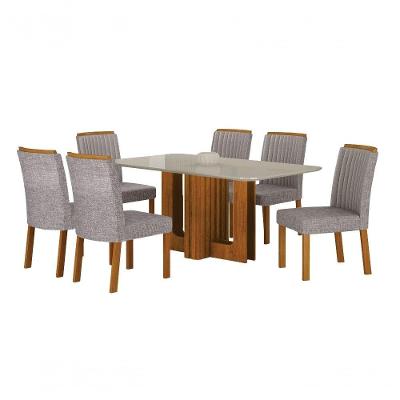 Conjunto de Jantar Sofia 6 Lugares Tampo em Vidro Base em X Cinamomo e Linho Cinza 160CM Leifer