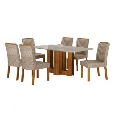Conjunto de Jantar Sofia 6 Lugares Tampo em Vidro Cinamomo e Linho 160CM Leifer Móveis
