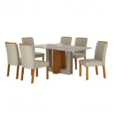 Conjunto de Jantar Sofia 6 Lugares Tampo em Vidro Base Ripada Cinamomo Off 160CM Leifer Móveis