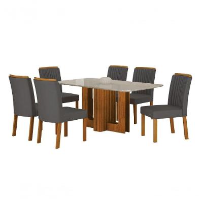 Conjunto de Jantar Sofia 6 Lugares Tampo em Vidro Base Pedestal Ripada Cinamomo e Chumbo 160CM