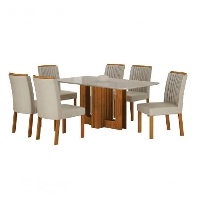 Conjunto de Jantar Sofia 6 Lugares Tampo em Vidro Base Pedestal Cinamomo e Palha 160CM Leifer Móveis