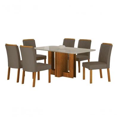 Conjunto de Jantar Sofia 6 Lugares Tampo em Vidro Off White com Cadeiras Jade Cinamomo 160CM Leifer
