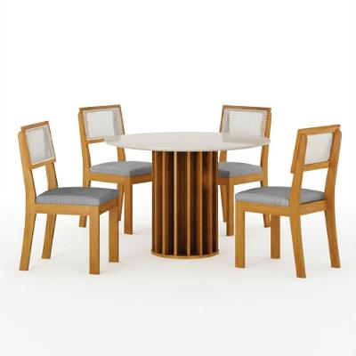 Conjunto de Jantar Flora 4 Lugares Tampo em Vidro com Cadeiras Linho Cinza 108CM Leifer Móveis